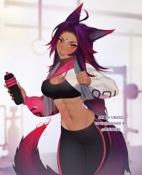 1girl abs ahoge animal_ears bindi black_pants blurry blurry_background borrowed_character breasts cleavage commentary commission cropped_hoodie depth_of_field edie_crop_hoodie english_commentary facial_mark forehead_mark fox_ears fox_tail gradient_hair gradient_tail gym hand_up head_tilt highres holding hood hoodie large_breasts lavelis long_sleeves looking_at_viewer meme_attire multicolored_hair navel orange_eyes original pants parted_lips purple_hair signature smile smug solo sports_bra standing tail towel towel_around_neck