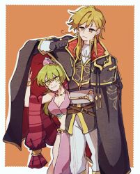 Rule 34 | 1boy, 1girl, :&lt;, ares (fire emblem), arm up, ascot, bare shoulders, belt, black cloak, black jacket, blonde hair, border, bow, bracelet, breasts, brown belt, cleavage, cloak, closed mouth, collared cloak, colored shadow, crop top, dancer, feet out of frame, fire emblem, fire emblem: genealogy of the holy war, gloves, gold bracelet, gold necklace, gold trim, green eyes, green hair, hair between eyes, hair bow, jacket, jewelry, lene (fire emblem), loincloth, long hair, looking at another, medium breasts, midriff, necklace, neeeeeeega 2025, nintendo, open mouth, orange background, pants, pink loincloth, pink top, ponytail, puff of air, red scarf, scarf, shadow, shirt, sigh, simple background, sleeveless, sleeveless shirt, smile, striped clothes, striped scarf, white ascot, white belt, white border, white pants, wolf cut, yellow eyes