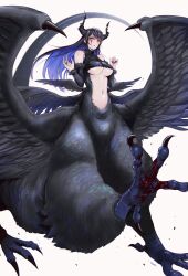 1girl absurdres black_feathers black_hair black_scales blood bloody_tears blue_hair breasts chimera colored_inner_hair demon_horns feathered_wings feathers highres hololive hololive_english horns kivo large_breasts long_hair monsterification multicolored_hair multiple_wings navel nerissa_ravencroft red_eyes solo tail talons underboob virtual_youtuber wings
