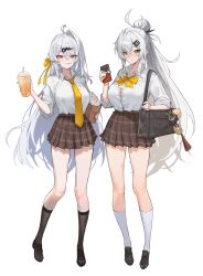 2girls absurdres bag black_shoes black_socks bow bowtie breasts brown_hair candy character_charm charm_(object) chocolate chocolate_bar commentary_request cup disposable_cup eous_(zenless_zone_zero) food full_body highres holding holding_chocolate holding_cup holding_food hovaku large_breasts long_hair multiple_girls necktie orange_eyes ponytail school_uniform shoes shoulder_bag siblings simple_background single_hair_intake sisters socks very_long_hair white_background white_hair white_socks yellow_bow yellow_bowtie yellow_eyes yellow_necktie yi_jiang_(zenless_zone_zero) yi_xuan_(zenless_zone_zero) zenless_zone_zero
