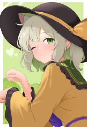1girl :3 absurdres animal_ear_fluff animal_ears black_hat blush border bow cat_ears closed_mouth collared_shirt commentary contrast_collar floral_background frilled_shirt_collar frilled_sleeves frills green_background green_eyes green_hair hands_up hat hat_bow heart highres kemonomimi_mode komeiji_koishi long_sleeves looking_at_viewer one_eye_closed paw_pose raised_eyebrows shirt smile solo stefinat third_eye touhou upper_body white_border wide_sleeves yellow_bow yellow_shirt