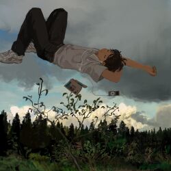 1boy arms_up belt black_hair black_pants book brown_belt cable closed_eyes closed_mouth cloud cloudy_sky collared_shirt commentary_request day digital_media_player earbuds earphones fir_tree floating floating_object forest full_body highres male_focus minahamu nature open_book original outdoors pants shirt shoes short_hair sky sneakers solo tree white_shirt white_shoes