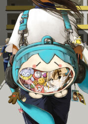 1girl absurdres apartment backpack badge bag banana blue_bag blue_pants brown_hair building button_badge candy character_badge character_charm charm_(object) commentary_request cookie cowboy_shot facing_away food from_behind fruit hatsune_miku head_out_of_frame headphones heart hello_kitty hello_kitty_(character) highres itabag lollipop long_hair lucarios merchandise my_melody onegai_my_melody original oshi-katsu outdoors pants people sanrio shirt solo_focus standing stuffed_animal stuffed_rabbit stuffed_toy suzumiya_haruhi suzumiya_haruhi_no_yuuutsu tonari_no_totoro totoro vocaloid white_shirt wind