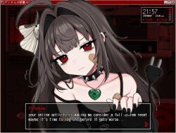 1girl ahoge animal animal_on_head bags_under_eyes bandaid bandaid_on_cheek bandaid_on_face black_shirt brown_hair bug cable cable_tail character_name choker circuit_board closed_mouth collarbone dialogue_box electric_plug electric_plug_tail english_text fake_screenshot fourth_wall hair_intakes heart heart_necklace holding insect jewelry long_hair looking_at_viewer mechanical_tail mole mole_under_eye moth necklace on_head original red_eyes shirt sleeveless sleeveless_shirt solo spaghetti_strap spiked_choker spikes strap_slip tail through_medium upper_body vickie_(cryingrobot) vickie_(cryingrobot)_(character) window_(computing)
