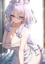 1girl absurdres bare_shoulders black_tiara blush breasts castorice_(honkai:_star_rail) cleavage closed_mouth collarbone commentary_request covering_breasts covering_privates dress flower hair_flower hair_ornament highres honkai:_star_rail honkai_(series) long_hair pinponpaaru pointy_ears purple_eyes purple_hair sitting solo thighs tiara white_dress