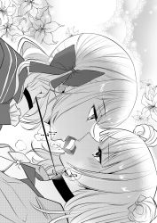 2girls assault_lily blunt_bangs blush bow bowtie collar commentary doily double_bun eye_contact face-to-face floral_background flower french_kiss frilled_sleeves frills from_side gradient_background grey_background greyscale hair_bow hair_bun hand_up highres holding holding_leash jacket kanba_girls_high_school_uniform kikikaikai_(kikikaikai_chan) kiss leash lily_(flower) long_hair long_sleeves looking_at_another low_twintails medium_hair monochrome multiple_girls open_clothes open_jacket open_mouth portrait profile sadamori_himeka sailor_collar school_uniform serafuku shirt speech_bubble tanba_akari tongue tongue_out translation_request twintails white_background yuri