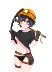 1girl black_hair black_panties black_shirt blush breasts brown_gloves closed_mouth clothes_lift collarbone cowboy_shot excited facial_tattoo female_focus gloves hands_up helmet holding holding_pickaxe lifting_own_clothes looking_at_viewer medium_breasts mining_helmet navel original panties pickaxe shirt shirt_lift short_hair short_sleeves simple_background smile solo standing t-shirt tattoo thigh_strap tomboy underwear vingete white_background yellow_eyes