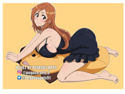 Rule 34 | 1girl, all fours, artist name, bare shoulders, barefoot, bleach, breasts, brown eyes, female focus, inoue orihime, instagram username, kon (bleach), large breasts, long hair, nightgown, orange hair, pegasus arts, shiny skin, simple background, smile, stuffed animal, stuffed lion, stuffed toy, twitter username