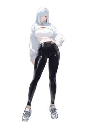 1girl absurdres alternate_costume black_leggings breasts contrapposto cropped_sweater full_body genshin_impact grey_eyes hand_on_own_hip highres large_breasts leggings long_hair midriff one_eye_covered shenhe_(genshin_impact) shirt shoes simple_background solo white_background white_hair white_shirt white_shoes yumeto_(ym-1)