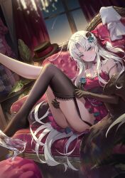 1girl absurdres adjusting_clothes adjusting_legwear ahoge aqua_eyes bare_shoulders bead_necklace beads black_garter_straps black_gloves black_hat black_thighhighs bow breasts carlotta_(wuthering_waves) closed_mouth commentary_request dress elbow_gloves feather_boa flower garter_straps glass_slipper gloves grey_hair hair_bow hair_flower hair_ornament hat high_heels highres indoors jewelry legs_up long_hair looking_at_viewer medium_breasts multicolored_eyes necklace official_alternate_costume parted_bangs partial_commentary pink_bow pink_dress pink_eyes ryugisa single_thighhigh smile solo strap_slip striped_bow thighhighs thighs two-tone_eyes unworn_hat unworn_headwear very_long_hair wuthering_waves
