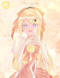 1girl aku_no_musume_(vocaloid) bare_shoulders blonde_hair blue_eyes bow choker colored_eyelashes dress dress_bow dress_flower dress_ribbon earrings evillious_nendaiki flower frilled_dress frills hair_bow high_ponytail highres jewelry kagamine_rin light_particles looking_at_viewer off-shoulder_dress off_shoulder open_mouth orange_bow orange_choker orange_theme ponytail removing_hairclip riliane_lucifen_d&#039;autriche rose sidelocks smile solo steepled_fingers sunset swept_bangs updo ur1ryu vocaloid wide_sleeves yellow_dress yellow_flower yellow_rose