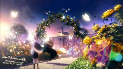 black_cape blonde_hair blue_eyes boots bug building butterfly cape commentary_request commission evening flower fountain garden hachio81 hat highres hood hoodie insect lens_flare long_sleeves looking_at_viewer looking_back original scenery skeb_commission sky standing sunset tree white_butterfly white_hoodie window witch_hat yellow_flower