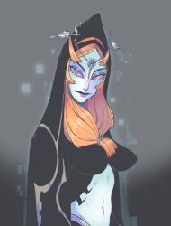 1girl bioluminescence breasts cayfett circlet eyeshadow glowing grey_background hood large_breasts long_hair looking_at_viewer makeup midna midna_(true) nintendo orange_hair purple_lips smile solo the_legend_of_zelda the_legend_of_zelda:_twilight_princess upper_body yellow_eyes