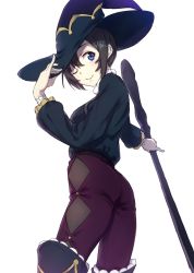 1girl ;) ass belt black_belt black_hair black_hat black_shirt blue_eyes blush breasts closed_mouth clothing_cutout commentary_request female_focus hair_between_eyes hand_on_headwear hand_up hat holding holding_staff kamome_yuu long_sleeves looking_at_viewer looking_back one_eye_closed original pants puffy_long_sleeves puffy_sleeves purple_pants shirt side_cutout simple_background small_breasts smile solo staff white_background witch_hat