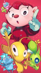 1girl :o absurdres alien black_eyes blue_eyes blue_skin blush boots buttons cold colored_skin commentary confetti cowlick ellisbros english_commentary eyelashes flower ghost_tail gloves glow_pikmin green_skin hand_up highres holding ice ice_pikmin insect_wings jumpsuit leaf looking_at_viewer nintendo no_headwear no_mouth open_mouth outstretched_arms pikmin_(creature) pikmin_(series) pikmin_4 pink_background pink_hair pink_skin pointing pointing_up pointy_ears red_jumpsuit rescue_officer_(pikmin) salute short_hair solid_circle_eyes spacesuit sweat white_footwear white_gloves winged_pikmin wings yellow_flower yellow_pikmin yellow_skin