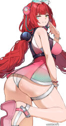 1girl ahoge artist_name ass bare_shoulders braid breasts come_hither dress from_behind green_eyes grin hair_ornament large_breasts long_hair looking_at_viewer naughty_face panties red_eyes short_dress sideboob smile solo sunglasses sunglasses_on_head thick_thighs thigh_strap thighs twin_braids ukinami_yuzuha underwear very_long_hair vierzeck zenless_zone_zero