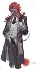 1boy aleph_(reverse:1999) alternate_costume black_coat black_gloves black_mask black_necktie black_pants coat collared_shirt corded_phone covered_face cowboy_shot cropped_legs gloves highres holding holding_pen holding_phone long_hair male_focus necktie pants pen phone red_hair reverse:1999 shirt solo vest white_background white_shirt white_vest yelin_yoru