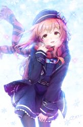 Rule 34 | 1boy, blush, floating hair, hair between eyes, hair ornament, hat, heavy breathing, highres, japanese clothes, jewelry, kimono, long hair, looking at viewer, natsusora wakana, novady, one eye closed, orange eyes, orange hair, original, ring, scarf, shiny skin, skirt, smile, standing, trap, white kimono, wink, winter clothes