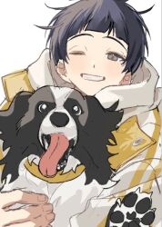 1boy alternate_costume black_hair blunt_bangs brown_eyes dog dot_nose goshiki_tsutomu haikyuu!! hood hood_down hoodie jacket lapels looking_at_viewer male_focus one_eye_closed pawpads sal_gun short_hair simple_background solo tongue tongue_out white_background white_hoodie