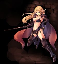 1girl armor armored_boots bikini bikini_armor black_armor black_bikini black_thighhighs blonde_hair boots breasts breasts_out brick_wall brown_eyes cape collarbone commentary_request elf floating_hair full_body gauntlets groin hair_between_eyes highres holding holding_sword holding_weapon kirishima_satoshi long_hair looking_at_viewer medium_breasts navel nipples original parted_lips pauldrons pointy_ears red_cape sheath shoulder_armor sidelocks solo standing standing_on_one_leg stomach swimsuit sword thighhighs unsheathed wardrobe_malfunction warrior weapon