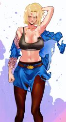 1girl absurdres android_18 arm_up bare_shoulders battle_damage belt belt_buckle black_sports_bra blonde_hair blood blood_from_mouth blue_eyes blue_jacket blue_skirt breasts brown_pantyhose bruise bruise_on_face buckle cleavage collarbone denim denim_jacket denim_skirt dragon_ball dragonball_z feet_out_of_frame hand_in_own_hair highres injury jacket large_breasts looking_at_viewer midriff nadainishi navel pantyhose parted_lips shirt short_hair skirt solo sports_bra standing straight-on torn_clothes torn_jacket torn_shirt torn_skirt