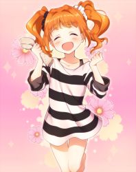 1girl :&gt; bad_id bad_pixiv_id bare_legs bare_shoulders blush cleaning_rag clenched_hand closed_eyes female_focus floral_background hair_ornament hair_scrunchie idolmaster idolmaster_(classic) iwaoka_(sikabanenomiti_park) legs orange_hair scrunchie smile solo sparkle takatsuki_yayoi twintails wavy_hair