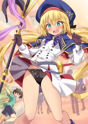 1boy 1girl artoria_caster_(fate) artoria_caster_(second_ascension)_(fate) artoria_pendragon_(fate) bare_legs belt black_bow black_panties blonde_hair blue_belt blue_capelet blue_hat blush bow bow_panties breasts bright_pupils buttons capelet clothes_lift dress dress_lift fate/grand_order fate_(series) flustered gloves green_eyes groin hair_ribbon hat highres holding holding_staff lace lace_panties lingerie long_hair long_sleeves o-ring o-ring_belt open_mouth panties purple_bow ribbon shimouki_izui short_dress skirt skirt_flip small_breasts staff staff_of_selection_(fate) standing striped_belt sword underwear upskirt w_arms weapon white_dress white_pupils