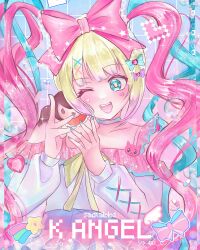 1girl 1other ;d absurdres ame-chan_(needy_girl_overdose) black_eyes black_hair blonde_hair blue_eyes blue_hair blue_skirt bow cat_pin character_doll character_tadpole_92 chest_bow chouzetsusaikawa_tenshi-chan colored_tips doll dress glitter grid_background hair_bow hair_ornament highres holding holding_doll multicolored_hair multiple_hair_bows needy_girl_overdose nude off-shoulder_dress off_shoulder one_eye_closed open_mouth pink_hair quad_tails red_sailor_collar sailor_collar skirt smile spaghetti_strap sparkle teeth upper_teeth_only x_hair_ornament