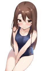 1girl alternate_costume alternate_hairstyle blue_one-piece_swimsuit breasts brown_eyes brown_hair commentary cowboy_shot from_behind hair_between_eyes hair_down highres invisible_chair kantai_collection long_hair one-piece_swimsuit school_swimsuit sitting small_breasts solo swimsuit symbol-only_commentary v_arms zarashi zuihou_(kancolle)