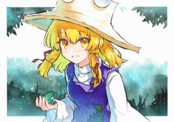 Rule 34 | 1girl, :d, animal, blonde hair, brown hat, hair ribbon, hat, highres, holding, holding animal, holding frog, long sleeves, looking at viewer, medium hair, moriya suwako, open mouth, purple vest, red ribbon, ribbon, rinka (qqqrinkappp), smile, solo, touhou, traditional media, tress ribbon, upper body, vest, wide sleeves, yellow eyes