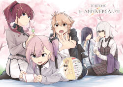 Rule 34 | 5girls, anniversary, bikini, black bikini, black hair, black jacket, black pantyhose, blue eyes, blush, braided sidelock, brown hair, brown overalls, casual, cellphone, cherry blossoms, collarbone, colored tips, commentary request, dango, eyes visible through hair, fang, flying sweatdrops, food, grey hair, grey sweater, hair over one eye, holding, holding food, holding phone, jacket, jouhou, konohana suzuka, long hair, long sleeves, looking at another, medium hair, multicolored hair, multiple girls, musical note, one side up, open clothes, open jacket, open mouth, origami yukari, overalls, pantyhose, parted bangs, phone, pink hair, plaid clothes, plaid overalls, ponytail, red eyes, red hair, satsuki yomi, seiza, shidou maki (toji no miko), shirt, short hair, sidelocks, sitting, skin fang, skirt, smartphone, sweater, swimsuit, toji no miko, tsubakuro yume, v-shaped eyebrows, very long hair, wagashi, white shirt