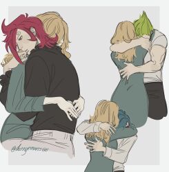 Rule 34 | 1girl, 3boys, black pants, black shirt, blonde hair, blue dress, blue hair, commentary, curly eyebrows, dannymans66, dress, english commentary, green hair, highres, hug, long sleeves, mother and son, multiple boys, one piece, pants, red hair, shirt, simple background, twitter username, vinsmoke ichiji, vinsmoke niji, vinsmoke sora, vinsmoke yonji, white shirt