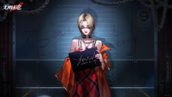 1girl against_wall bare_shoulders black_choker black_eyeshadow blonde_hair chain chain_around_neck character_name choker copyright_name cross_pendant dress eyebrow_piercing eyeshadow hand_up height_mark highres holding holding_sign indoors jacket jewelry joan_(path_to_nowhere) lip_piercing logo looking_at_viewer looking_over_eyewear makeup mugshot off_shoulder official_art official_wallpaper open_clothes open_jacket orange_jacket parted_bangs path_to_nowhere piercing plaid_clothes plaid_dress prison_cell prison_clothes red_dress red_lips red_nails ring short_hair sign solo spaghetti_strap spiked_choker spikes sunglasses upper_body yellow_eyes