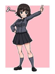 1girl black_eyes black_shoes black_skirt blush breasts brown_hair collared_shirt girls_und_panzer grey_shirt grey_socks hand_on_own_hip hida_ema kuromorimine_school_uniform miniskirt musical_note pink_background pleated_skirt pointy_hair school_uniform shirt shoes short_hair simple_background skirt smile socks standing takahashi_kurage teeth v