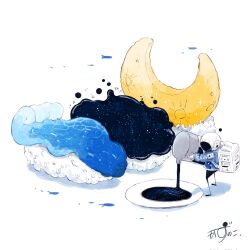1other artist_name backpack bag blue_jacket bottle commentary crater crescent_moon cup fish flying_fish food food_focus gloves helmet highres holding holding_bottle jacket kazunoko_(kazunoko_zunoco) moon original radio_antenna rice sakazuki signature simple_background solo space space_helmet standing star_(sky) sushi water waves white_background white_gloves