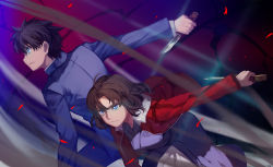 00s 1boy 1girl bent_over black_hair blue_eyes brown_hair club3 fighting_stance kara_no_kyoukai knife long_sleeves melty_blood outstretched_arms ryougi_shiki short_hair standing tohno_shiki tsukihime