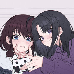 2girls ahoge awa_subaru black_hair blue_eyes blush brown_hair cellphone cheek_pinching chinese_commentary closed_mouth commentary_request girls_band_cry holding holding_phone iseri_nina long_sleeves low_twintails medium_hair multiple_girls parted_bangs phone pinching purple_eyes purple_sweater selfie short_hair short_twintails sidelocks smartphone sweater twintails yun_cao_bing