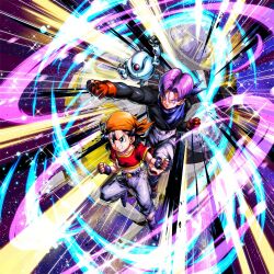 Rule 34 | 1boy, 1girl, dragon ball, dragon ball gt, dragon ball legends, flying, giru (dragon ball), happy, official art, pan (dragon ball), robot, smile, spaceship, trunks (dragon ball)