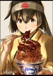 border brown_eyes brown_hair eating food food_focus headband highres hiryuu_(kancolle) japanese_clothes kantai_collection kimono long_sleeves looking_at_viewer meal seitei_(04seitei) short_hair sketch solo unadon_(food) upper_body yellow_kimono