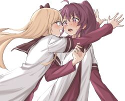 2girls black_bow black_sailor_collar blonde_hair blue_eyes bow commentary_request hair_bow highres long_hair multiple_girls nanamori_school_uniform pink_eyes ponytail purple_hair sailor_collar school_uniform shirt simple_background sugiura_ayano syonosuke9573 toshinou_kyouko white_background white_shirt yuri yuruyuri
