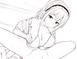 1boy 1girl 3: bikini blush breasts cleavage collarbone dutch_angle frills full-face_blush greyscale hair_ornament hairclip half-closed_eyes hetero large_breasts lineart looking_down maid maid_headdress monochrome original paizuri paizuri_under_clothes penis pointy_ears ponytail shirt_slip sketch solo_focus sweat swimsuit uni8