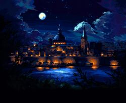 architecture arfu_(uarfun) building city city_lights cityscape cloud cloudy_sky dark foliage full_moon grass hashtag-only_commentary moon night night_sky no_humans original outdoors pixel_art river scenery sky spire star_(sky) steeple tower water