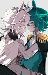 2girls after_kiss animal_ears aqua_eyes aqua_hair cape colored_eyelashes cyan_(horse_race_tests) epaulettes from_side glasses gloves hand_on_another&#039;s_neck highres horns horse_ears horse_girl horse_race_tests mangolord multiple_girls rectangular_eyewear rimless_eyewear saliva saliva_trail short_hair single_horn superstitional_realism unicorn_horn white_hair white_horns yuri