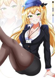 Rule 34 | 1girl, absurdres, alternate costume, black jacket, black skirt, blonde hair, blue hat, breasts, character name, cleavage, dokibird (vtuber), dokibird (vtuber) (retro doki), feet out of frame, ferdian (wanieunz028), formal clothes, green eyes, hat, highres, id card, indie virtual youtuber, jacket, lanyard, large breasts, long hair, long sleeves, looking at viewer, office lady, pantyhose, pencil skirt, shirt, sitting, skirt, skirt suit, smile, suit, twintails, virtual youtuber, white background, white shirt