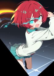 1girl amate_yuzuriha aqua_eyes aqua_shirt aqua_skirt axe breasts collared_shirt glowing glowing_eyes gundam gundam_gquuuuuux heat_hawk highres holding holding_axe long_sleeves looking_at_viewer necktie open_mouth red_hair school_uniform shirt short_hair skirt solo sweater totomono