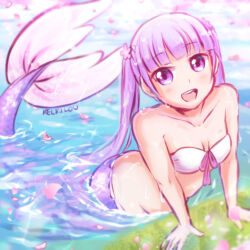Rule 34 | 1girl, ass, bikini, bikini top only, blunt bangs, blush, breasts, cherry blossoms, grass, hair ornament, hands on ground, kelkilou, light blush, long hair, looking at viewer, mermaid, monster girl, new game!, partially submerged, purple eyes, purple hair, small breasts, smile, solo, strapless, suzukaze aoba, swimming, swimsuit, twintails, very long hair, water, wet, wet clothes, wet hair, wet swimsuit