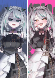 animal_ears bad_tag black_sky braided_sidelocks cake cheek_rest copyright_request cross-laced_clothes cross-laced_sleeves dessert food frilled_straps fuzzy_clothes grey_nails grey_tail highres hinamori_anthea holding holding_saucer indie indie_virtual_youtuber leopard_ears leopard_tail maid nata_(tool) non-web_source red_pupils saucer sky snow_leopard_tail strawberry_shortcake tail teapot virtual wallpaper_(object)