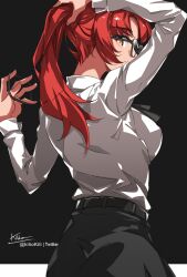 1girl anime_coloring backboob belt black_background black_bow black_bowtie black_skirt bow bowtie breasts collared_shirt commentary english_commentary glasses highres honkai_(series) honkai_impact_3rd kili_kilio large_breasts long_hair long_sleeves looking_at_viewer looking_back murata_himeko ponytail red_hair shirt skirt solo teacher white_shirt yellow_eyes