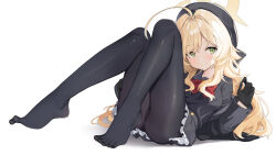 1girl absurdres beret black_gloves black_hat black_jacket black_panties black_pantyhose black_shirt blonde_hair blue_archive bow bowtie commentary_request full_body gloves green_eyes halo hat highres jacket legs loli long_hair looking_at_viewer lying on_back panties panties_under_pantyhose pantyhose professor_niyaniya_(blue_archive) pu_ht red_bow red_bowtie shirt simple_background solo underwear white_background yellow_halo