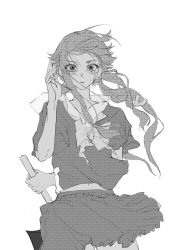 1girl axe blush commentary cowboy_shot gasai_yuno greyscale hatchet_(axe) highres holding holding_axe holding_behind_back holding_weapon long_hair looking_at_viewer mirai_nikki monochrome school_uniform shi_xu_jiu_zhou skirt solo straight-on sweat weapon yandere
